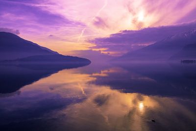 Scenic view of lake against sky during sunset