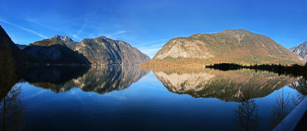 Reflection of mountains in lake against blue sky