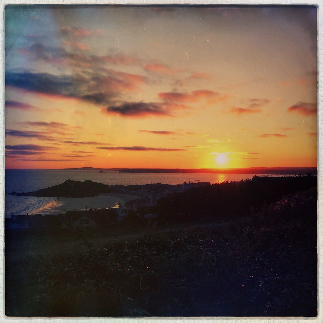 sunset, transfer print, scenics, tranquil scene, sky, sea, tranquility, auto post production filter, beauty in nature, water, orange color, horizon over water, nature, idyllic, beach, sun, cloud - sky, shore, landscape, outdoors