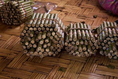 Close-up of cigars on table