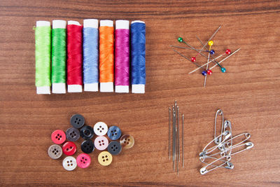 Directly above view of various sewing items on table