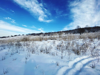 Scenic view of snow covered field against sky