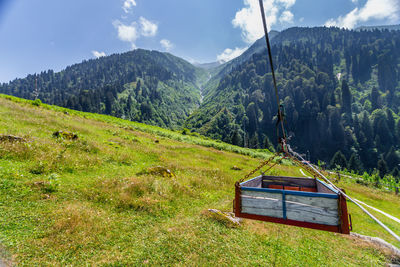 Scenic view of field and mountains against sky