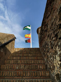 Low angle view of flag against building