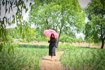 Rear view of woman standing by tree during rainy season
