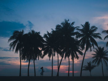 Silhouette palm trees at beach against sky at night