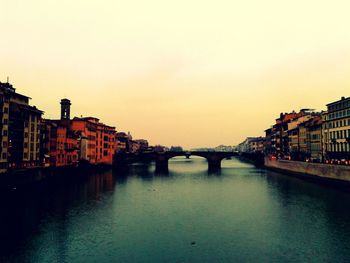 Bridge over river with buildings in background