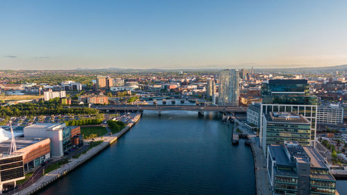 High angle view of city at waterfront
