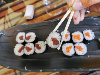 High angle view of sushi in tray