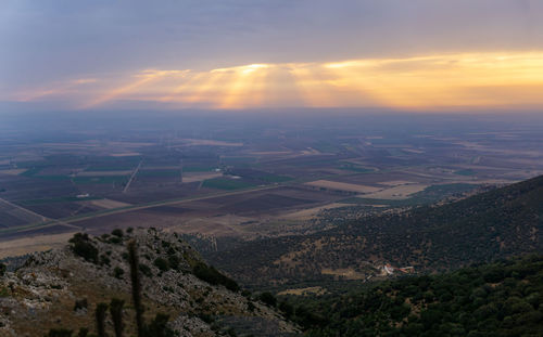 High angle view of cityscape against sky during sunset