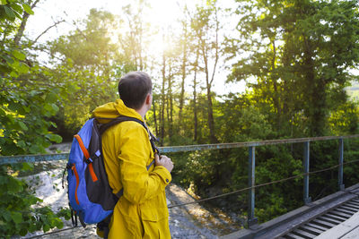 Rear view of man standing by railing in forest