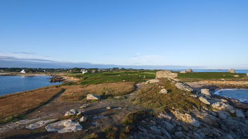 Scenic view of beach against clear blue sky