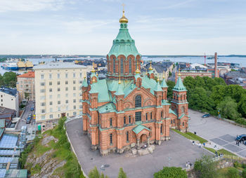 Uspenski cathedral in helsinki, finland. drone point of view. it is an eastern orthodox cathedral