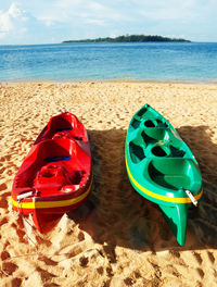 Close-up of sunglasses on beach against sky