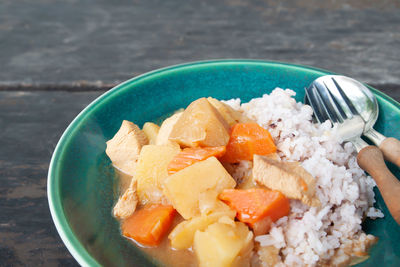 High angle view of food in bowl on table