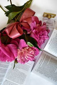 High angle view of pink flower on book