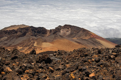 Tenerife, spain may 22 2021, the desertic valley and the peak of teide volcan during daylight