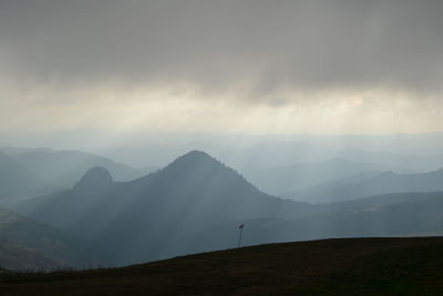Scenic view of mountains against sky during sunset
