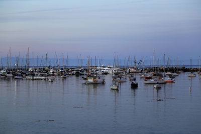 Sailboats moored in calm sea against sky