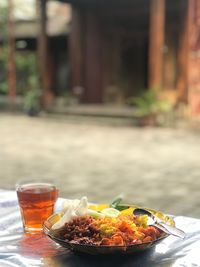 Close-up of food served on table