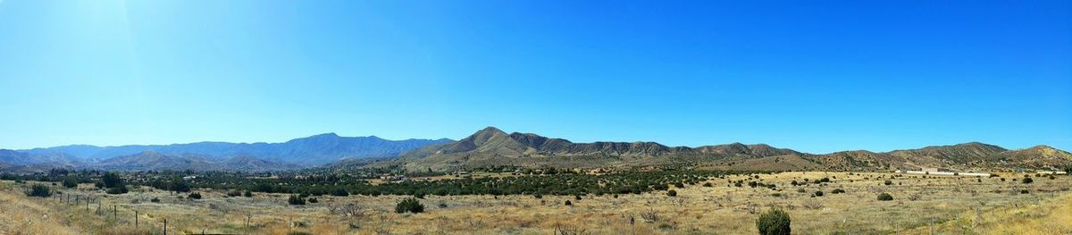 Scenic view of mountains against clear blue sky