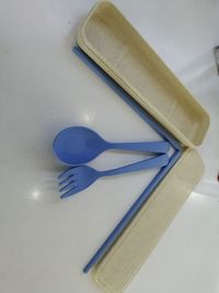 High angle view of fork and knife on table