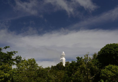 Low angle view of buddha statue amidst trees against sky