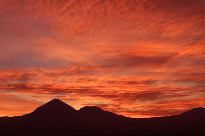 Scenic view of silhouette mountains against orange sky