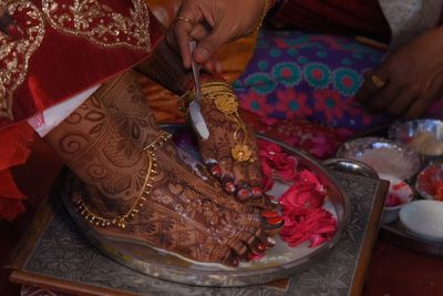 High angle view of woman with hands