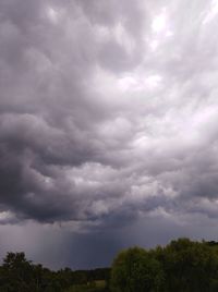 Low angle view of storm clouds over plants