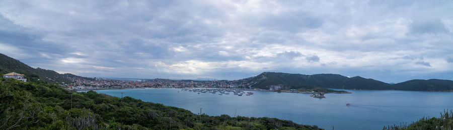 Panoramic view of bay against sky