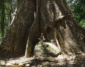 Man climbing on rock in forest