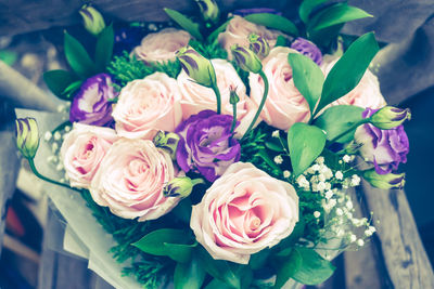 High angle view of rose bouquet