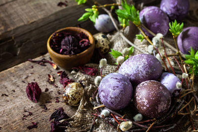 Easter egg dye purple. homemade eggs are painted with natural egg dye from dried hibiscus flowers. 
