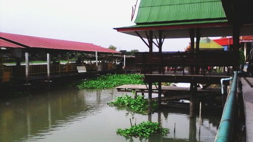 Built structure by lake against sky