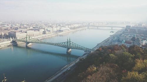 High angle view of liberty bridge over danube river against sky in city