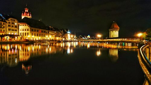 Reflection of illuminated buildings in water at night