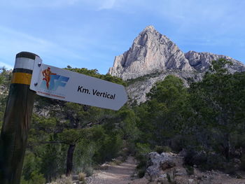 Road sign on rock against sky