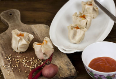 High angle view of fruits in bowl on table