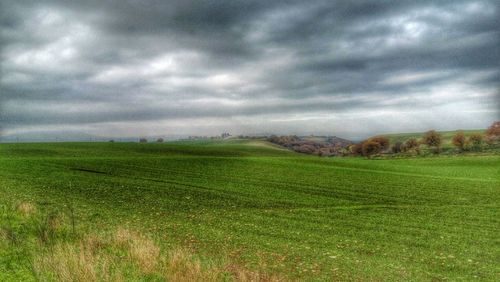 Scenic view of grassy field against cloudy sky