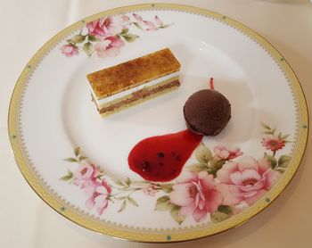 High angle view of cake in plate on table