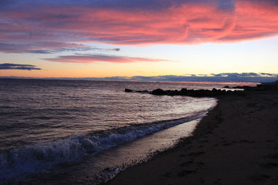 Scenic view of beach against sky during sunset