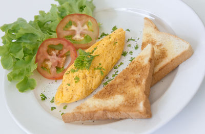 High angle view of breakfast served in plate