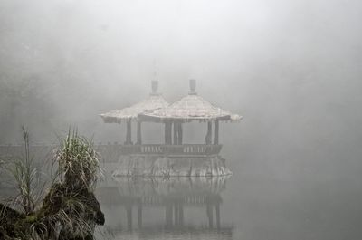 Traditional windmill by lake against sky