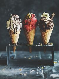 Close-up of ice cream cones on table