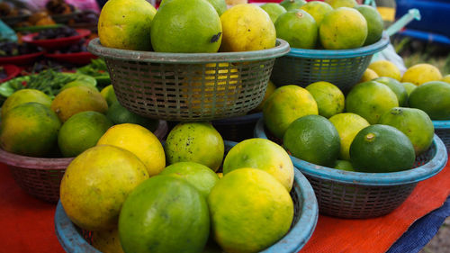 Close-up of fruits in basket for sale