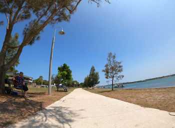 Street amidst trees against clear blue sky