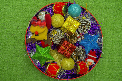 High angle view of multi colored fruits in bowl