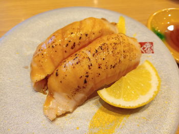 High angle view of bread in plate on table