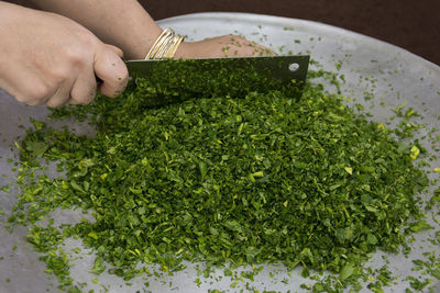 High angle view of hands cutting herbs